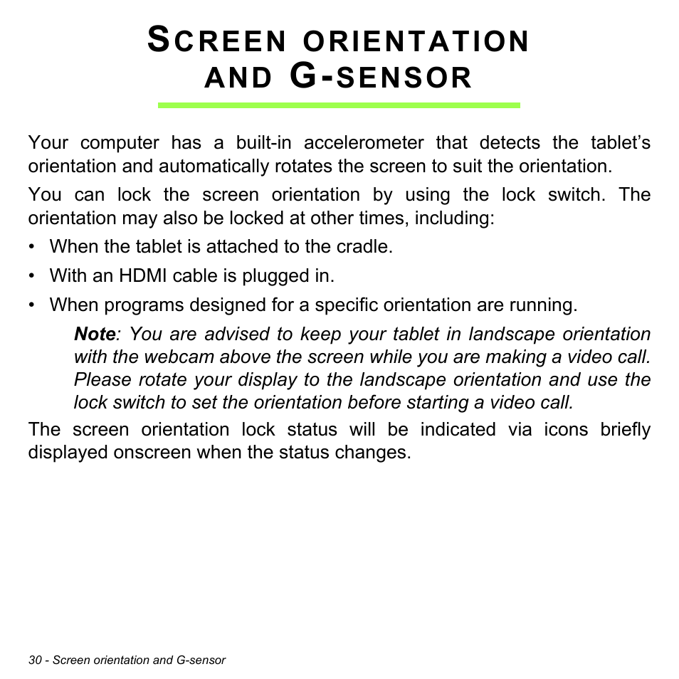 Screen orientation and g-sensor, Screen orientation, And g-sensor | Acer W3-810P User Manual | Page 30 / 75