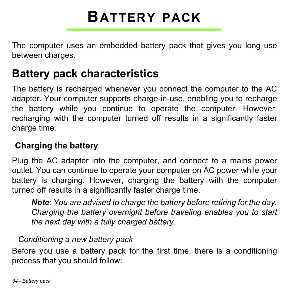 Battery pack, Battery pack characteristics, Charging the battery | Attery, Pack | Acer W3-810P User Manual | Page 34 / 75