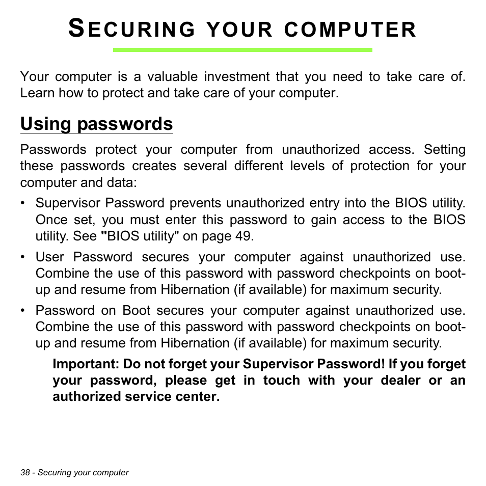 Securing your computer, Using passwords, Ecuring | Your, Computer | Acer W3-810P User Manual | Page 38 / 75