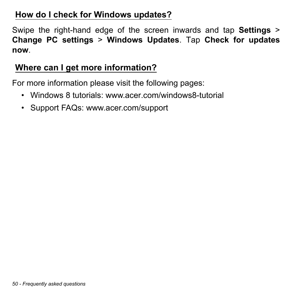 How do i check for windows updates, Where can i get more information | Acer W3-810P User Manual | Page 50 / 75