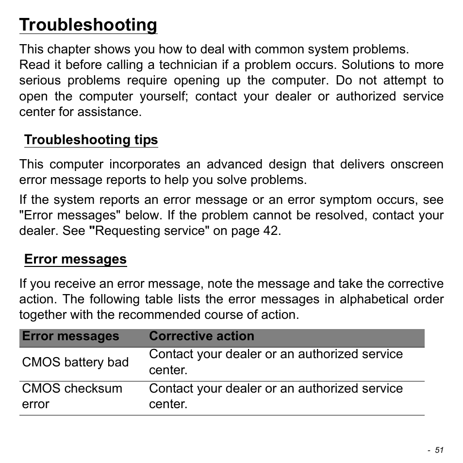 Troubleshooting, Troubleshooting tips, Error messages | Troubleshooting tips error messages | Acer W3-810P User Manual | Page 51 / 75