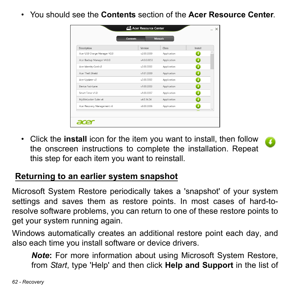 Returning to an earlier system snapshot | Acer W3-810P User Manual | Page 62 / 75