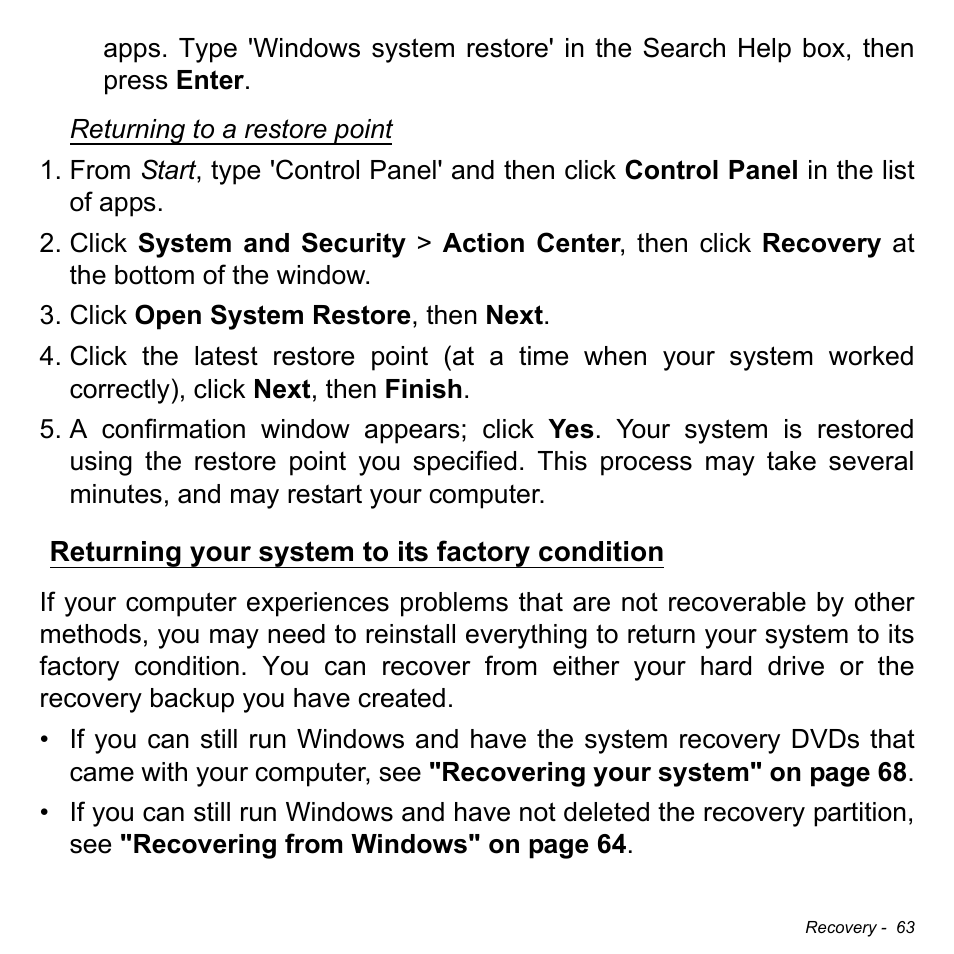 Returning your system to its factory condition, Returning your system to its factory, Condition | Acer W3-810P User Manual | Page 63 / 75