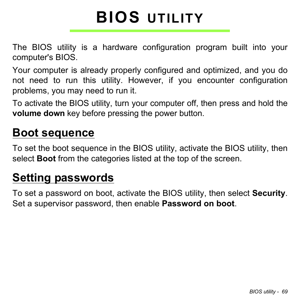 Bios utility, Boot sequence, Setting passwords | Boot sequence setting passwords, Bios, Utility | Acer W3-810P User Manual | Page 69 / 75