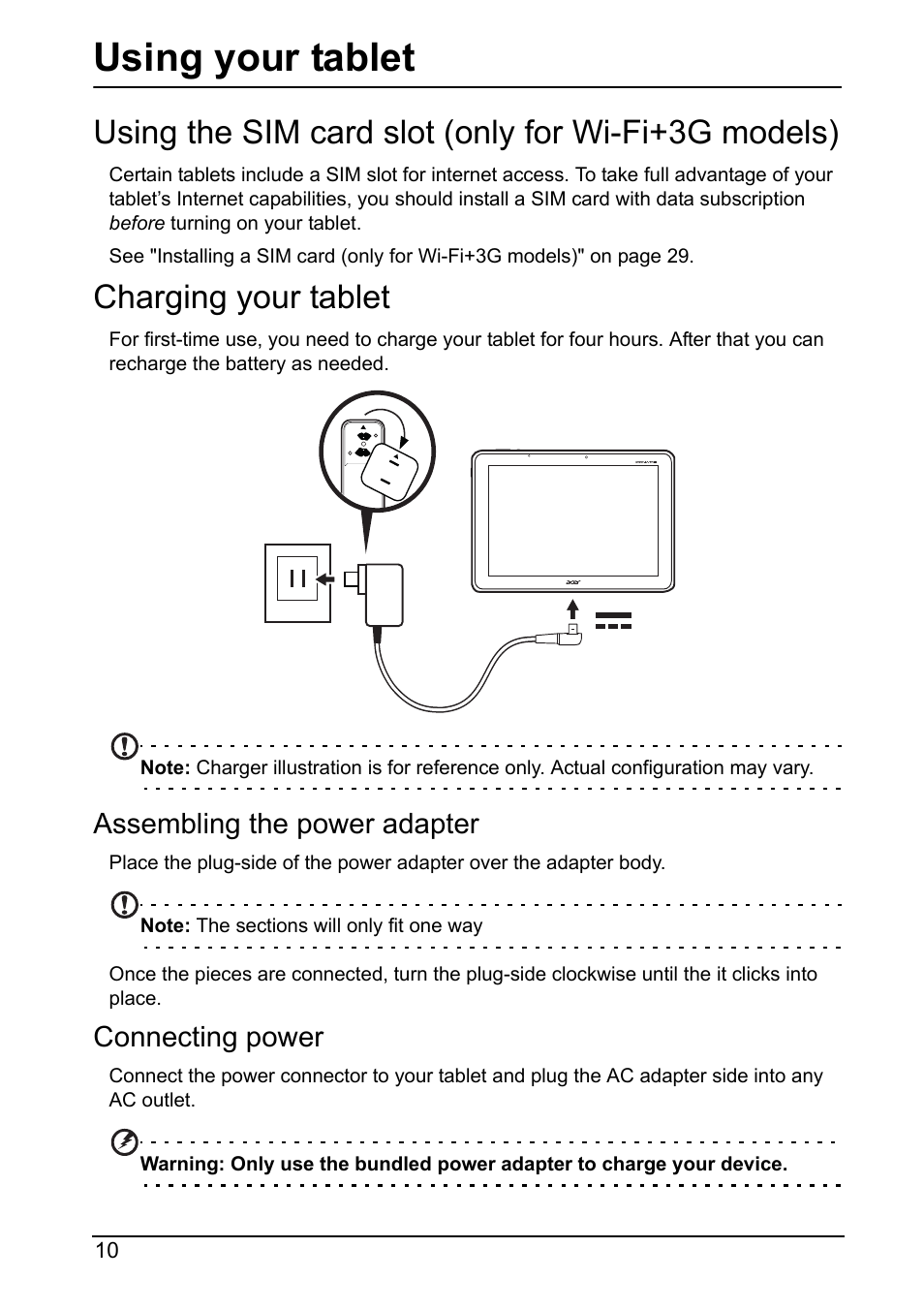 Using your tablet, Using the sim card slot (only for wi-fi+3g models), Charging your tablet | Assembling the power adapter, Connecting power | Acer A700 User Manual | Page 10 / 78