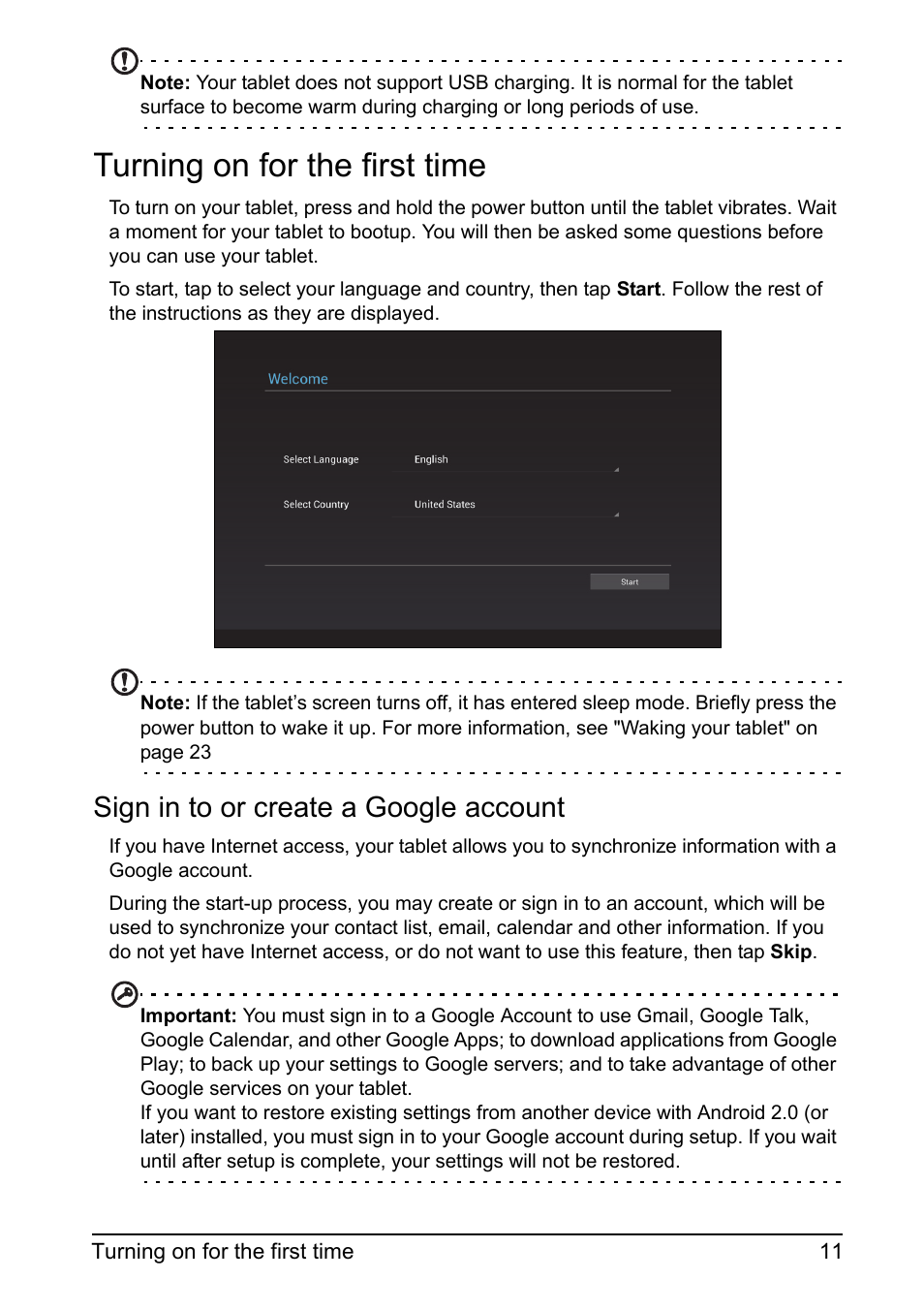 Turning on for the first time, Sign in to or create a google account | Acer A700 User Manual | Page 11 / 78