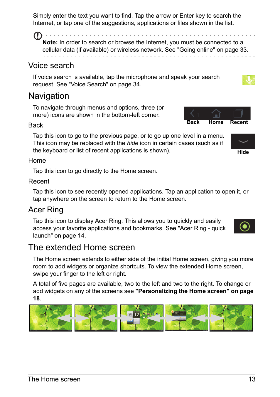 Navigation, The extended home screen, Voice search | Acer ring | Acer A700 User Manual | Page 13 / 78