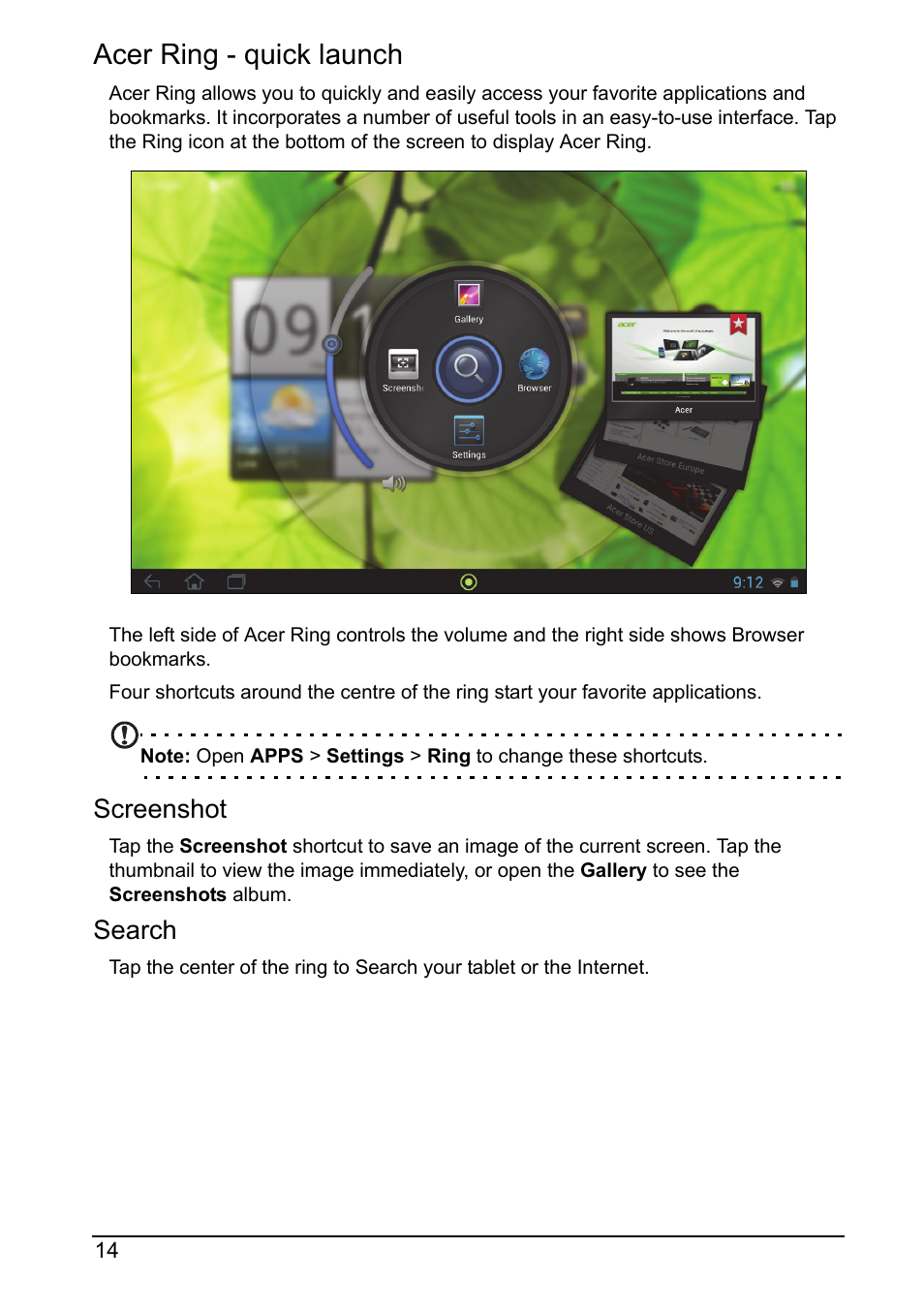 Acer ring - quick launch, Screenshot, Search | Acer A700 User Manual | Page 14 / 78