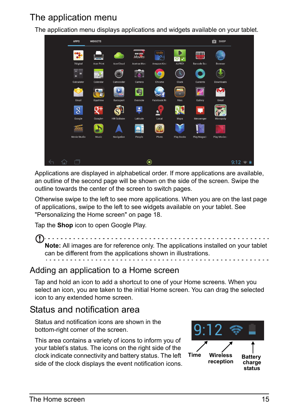 The application menu, Status and notification area, Adding an application to a home screen | Acer A700 User Manual | Page 15 / 78