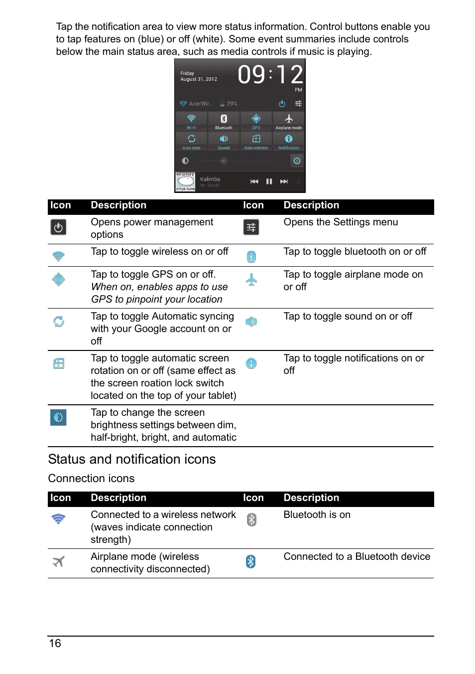 Status and notification icons | Acer A700 User Manual | Page 16 / 78