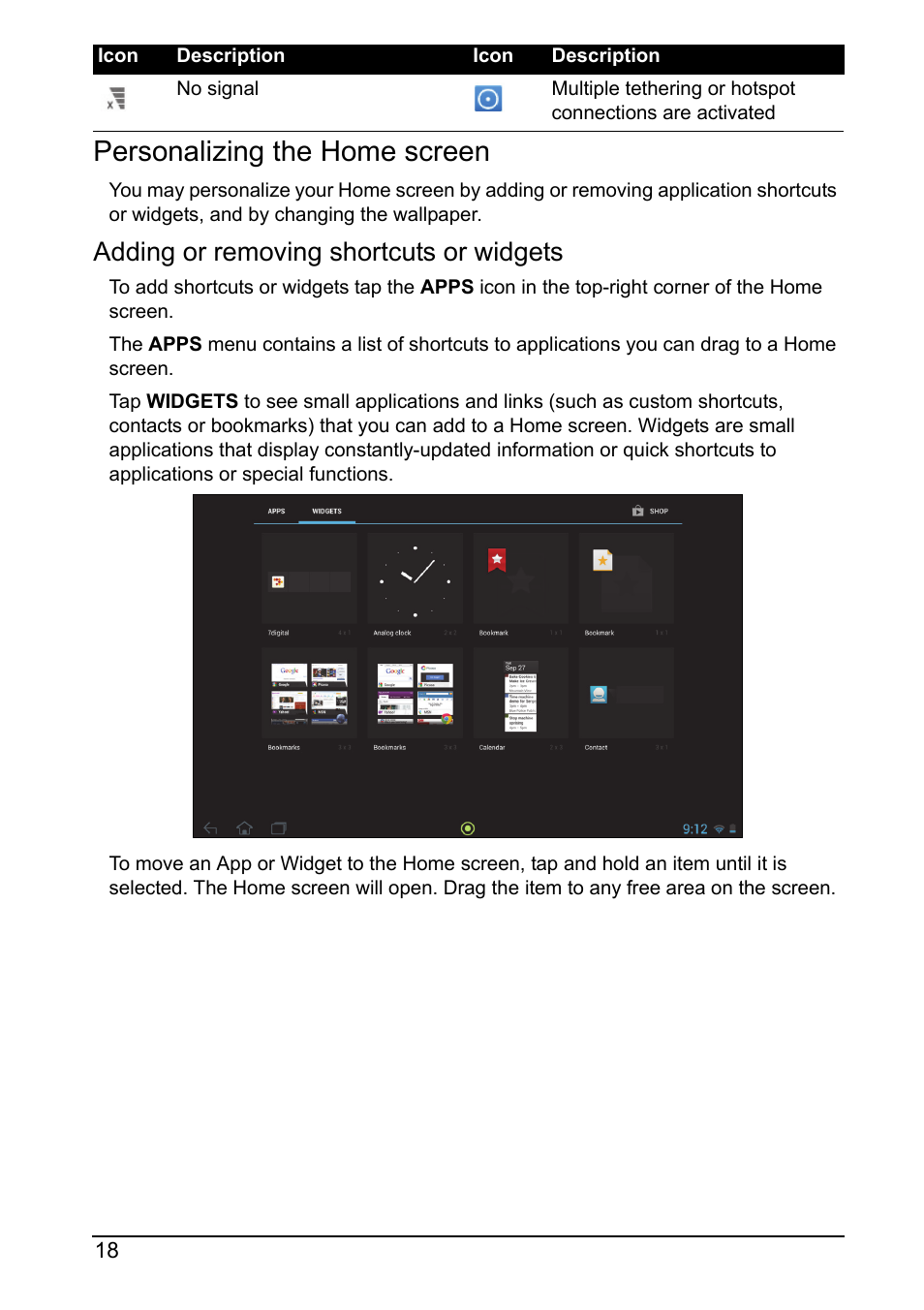 Personalizing the home screen, Adding or removing shortcuts or widgets | Acer A700 User Manual | Page 18 / 78