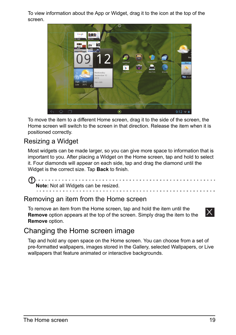 Changing the home screen image, Resizing a widget, Removing an item from the home screen | Acer A700 User Manual | Page 19 / 78