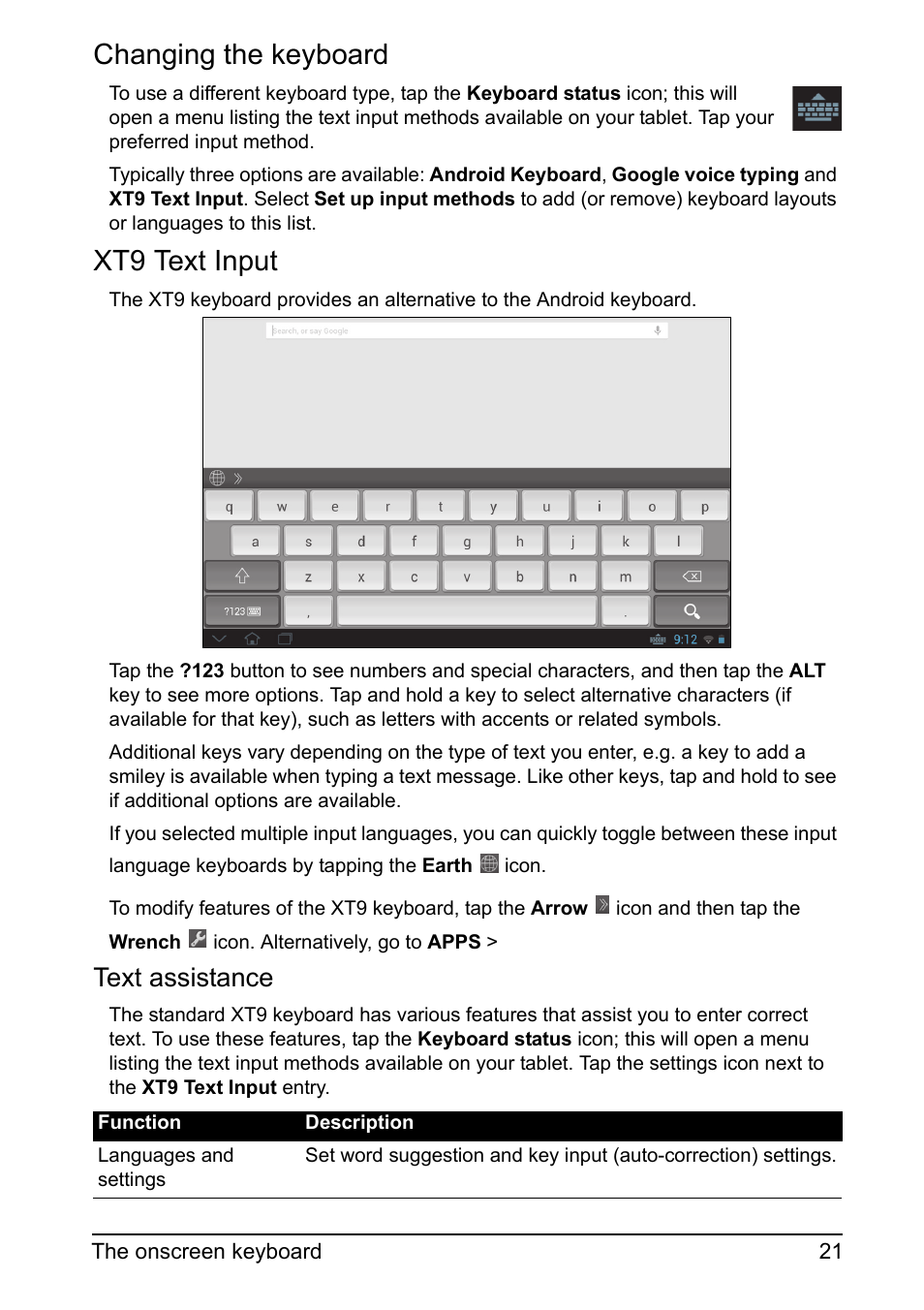 Changing the keyboard, Xt9 text input, Text assistance | Acer A700 User Manual | Page 21 / 78