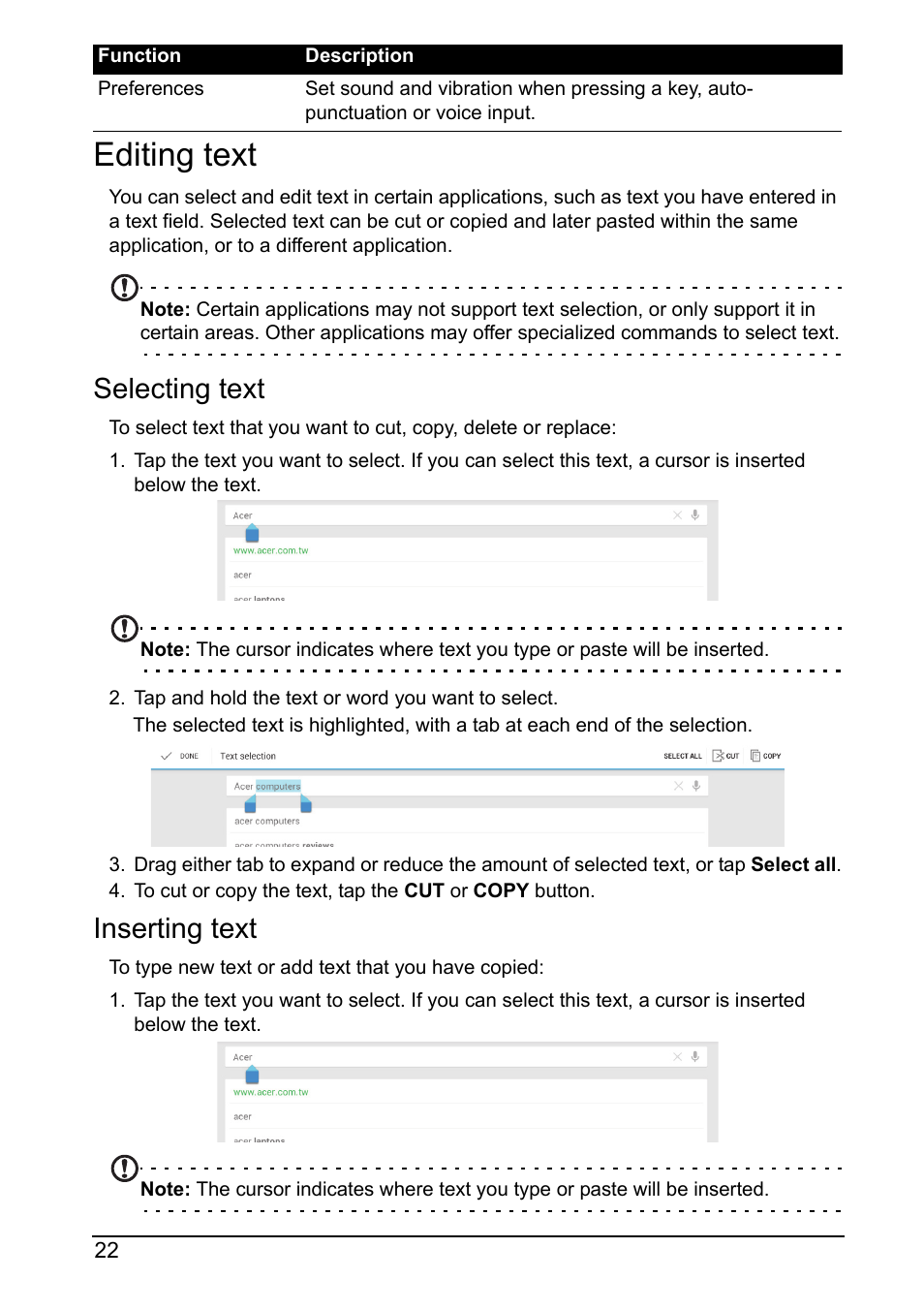 Editing text, Selecting text, Inserting text | Acer A700 User Manual | Page 22 / 78