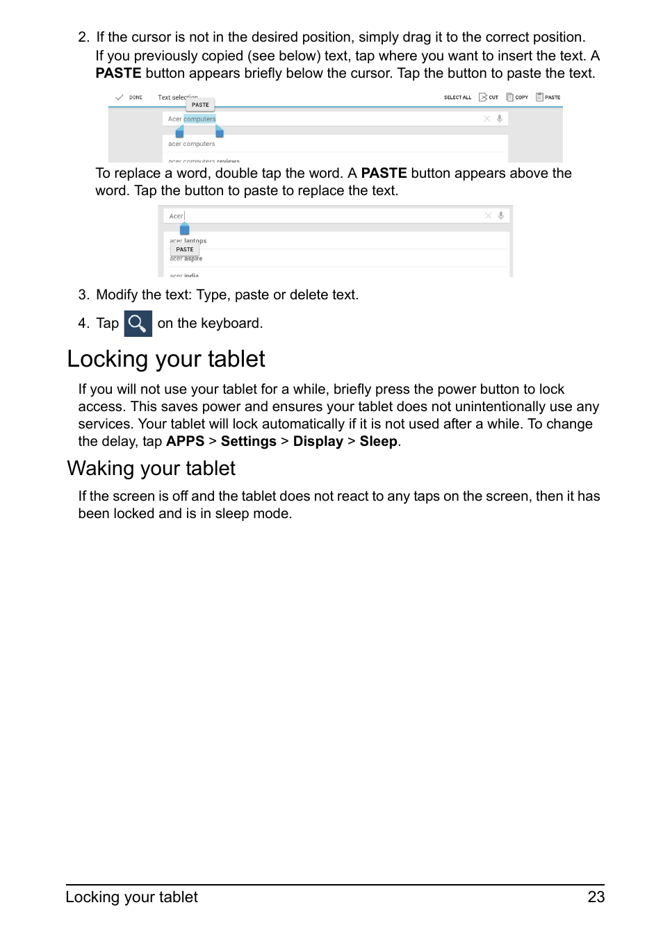 Locking your tablet, Waking your tablet | Acer A700 User Manual | Page 23 / 78