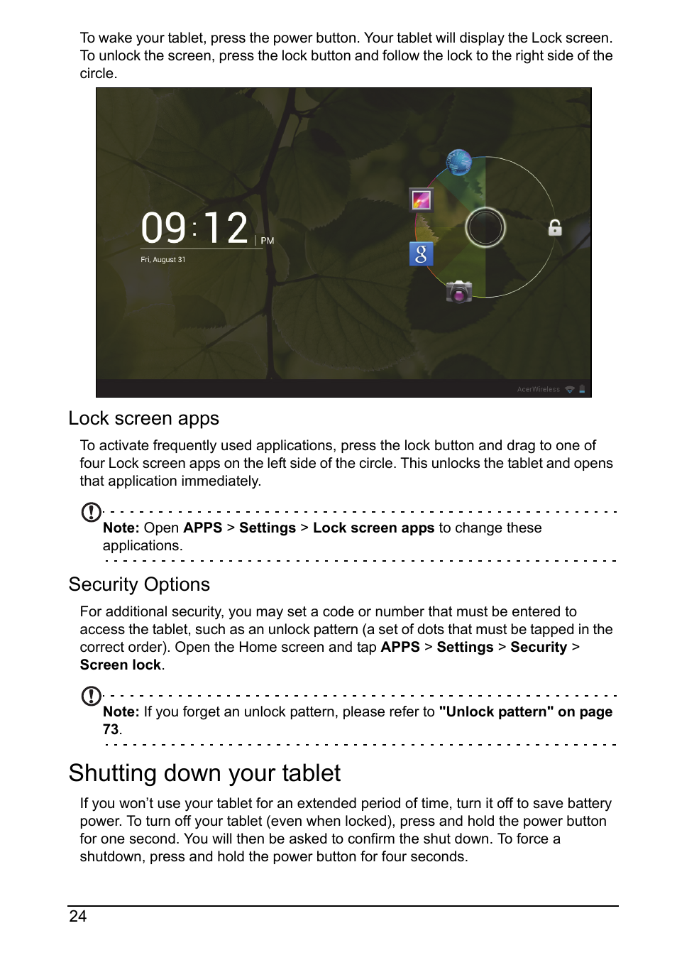 Shutting down your tablet, Lock screen apps, Security options | Acer A700 User Manual | Page 24 / 78