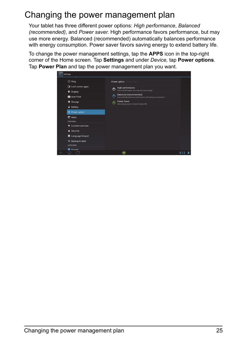 Changing the power management plan | Acer A700 User Manual | Page 25 / 78