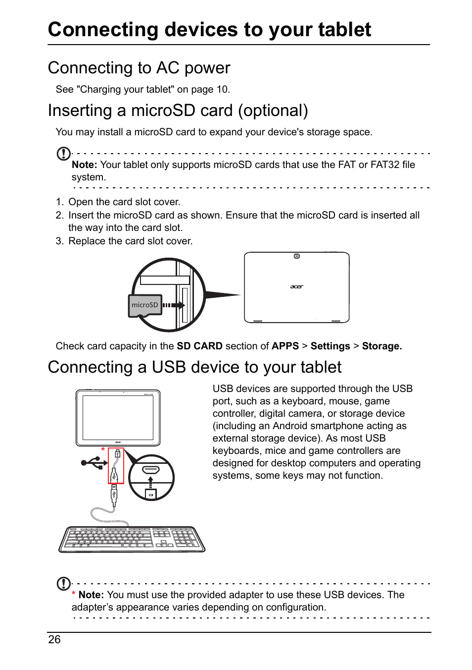 Connecting devices to your tablet, Connecting to ac power, Inserting a microsd card (optional) | Connecting a usb device to your tablet | Acer A700 User Manual | Page 26 / 78