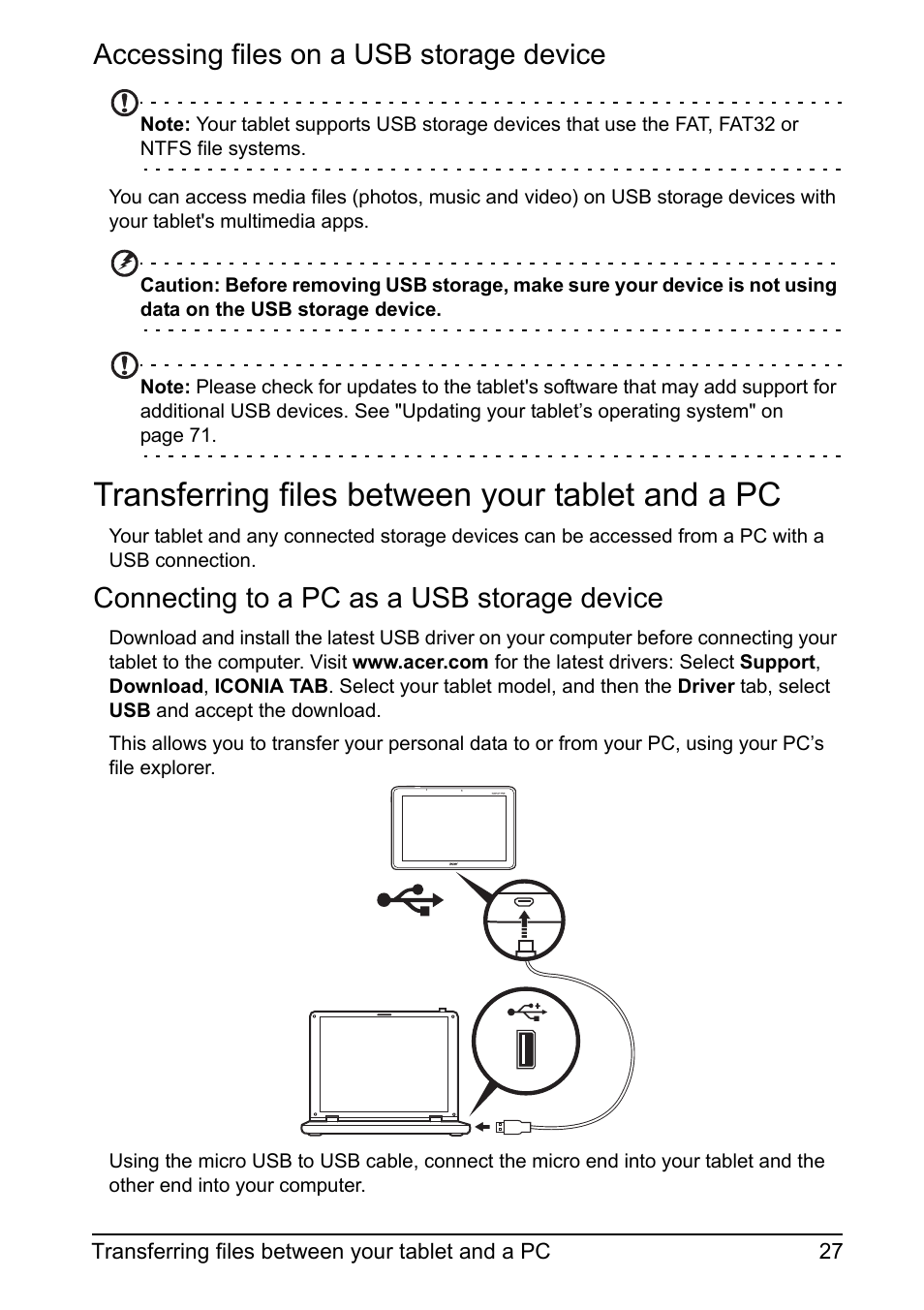 Accessing files on a usb storage device, Transferring files between your tablet and a pc, Connecting to a pc as a usb storage device | Acer A700 User Manual | Page 27 / 78