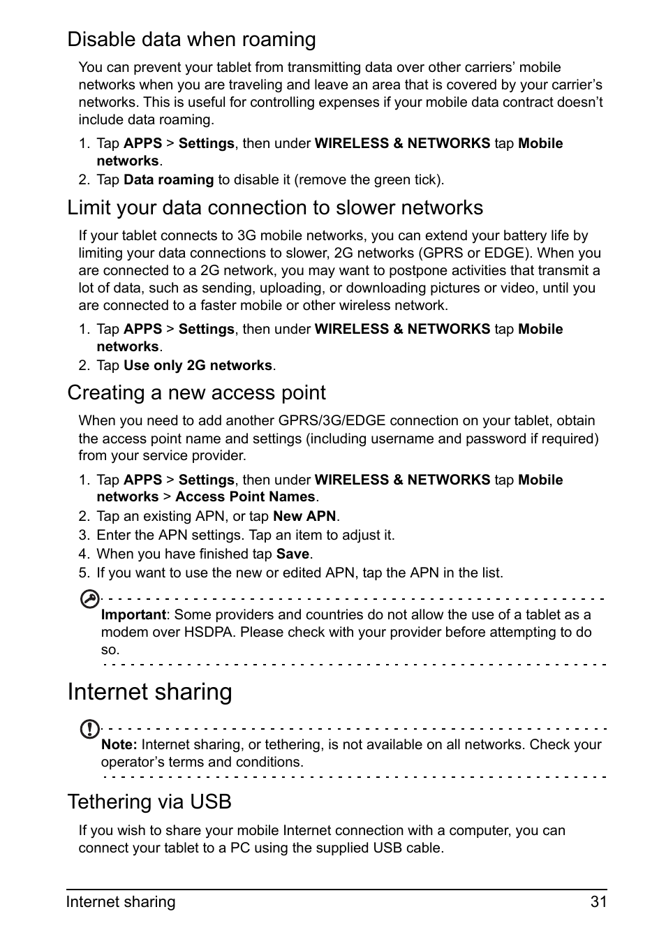 Disable data when roaming, Limit your data connection to slower networks, Creating a new access point | Internet sharing, Tethering via usb | Acer A700 User Manual | Page 31 / 78