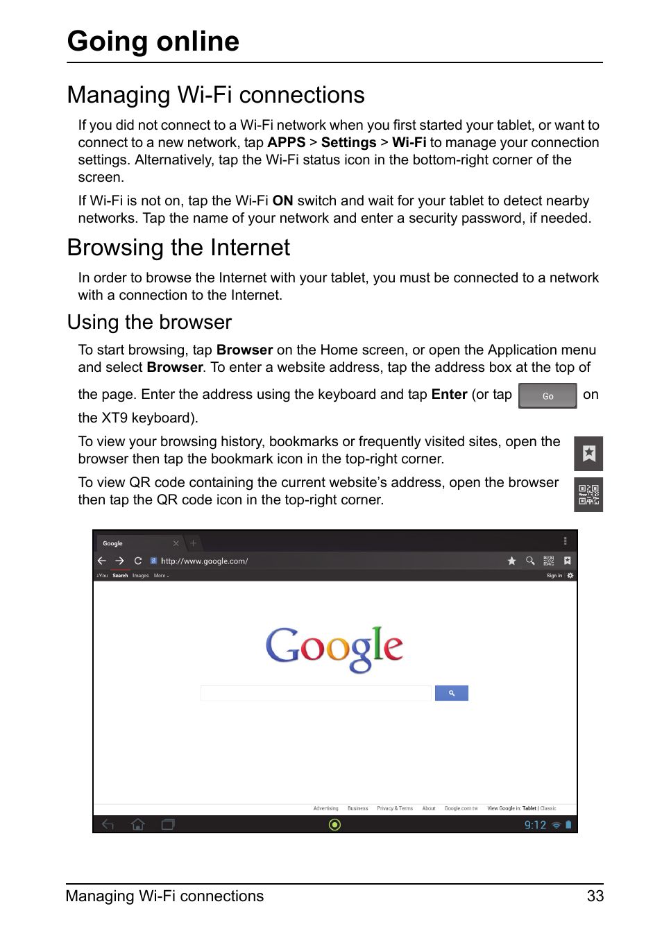 Going online, Managing wi-fi connections, Browsing the internet | Using the browser, Managing wi-fi connections browsing the internet | Acer A700 User Manual | Page 33 / 78