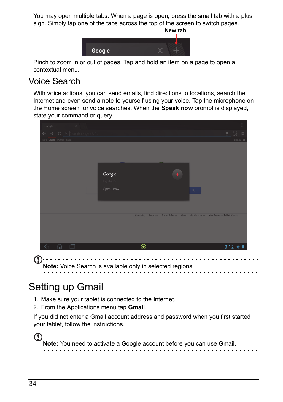 Voice search, Setting up gmail | Acer A700 User Manual | Page 34 / 78