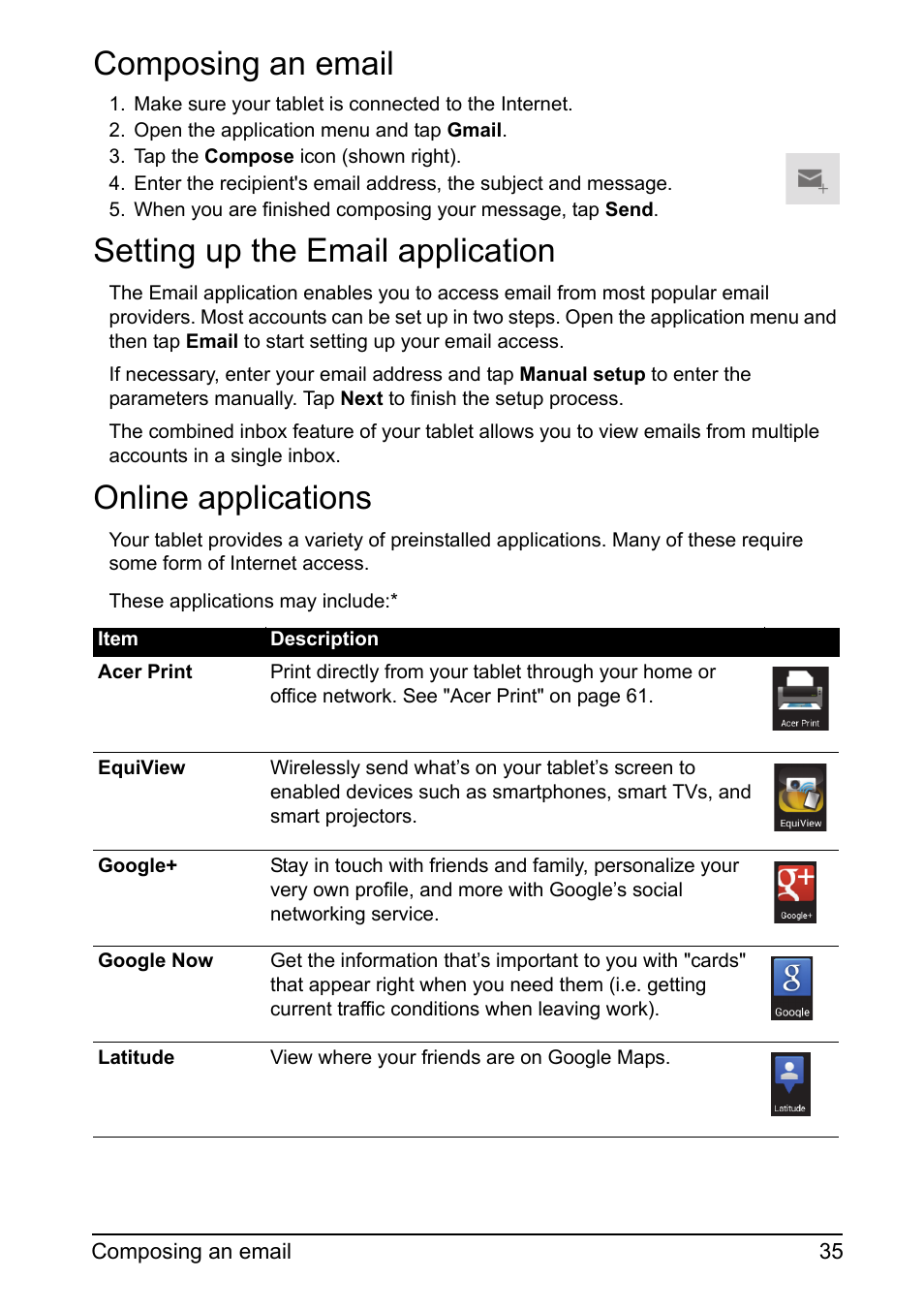 Composing an email, Setting up the email application, Online applications | Acer A700 User Manual | Page 35 / 78