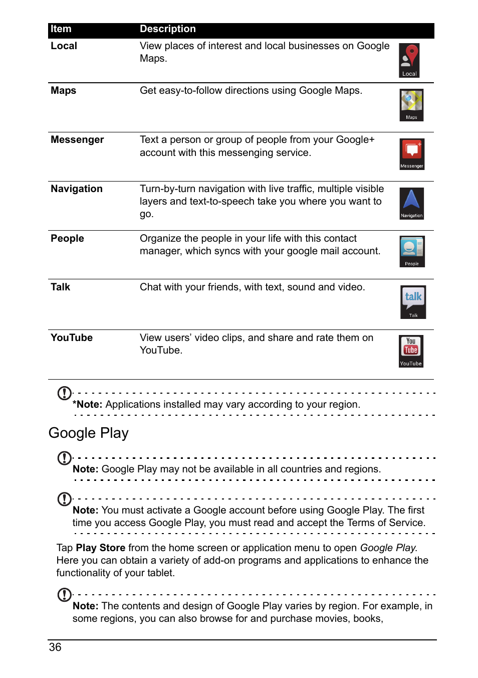 Google play | Acer A700 User Manual | Page 36 / 78
