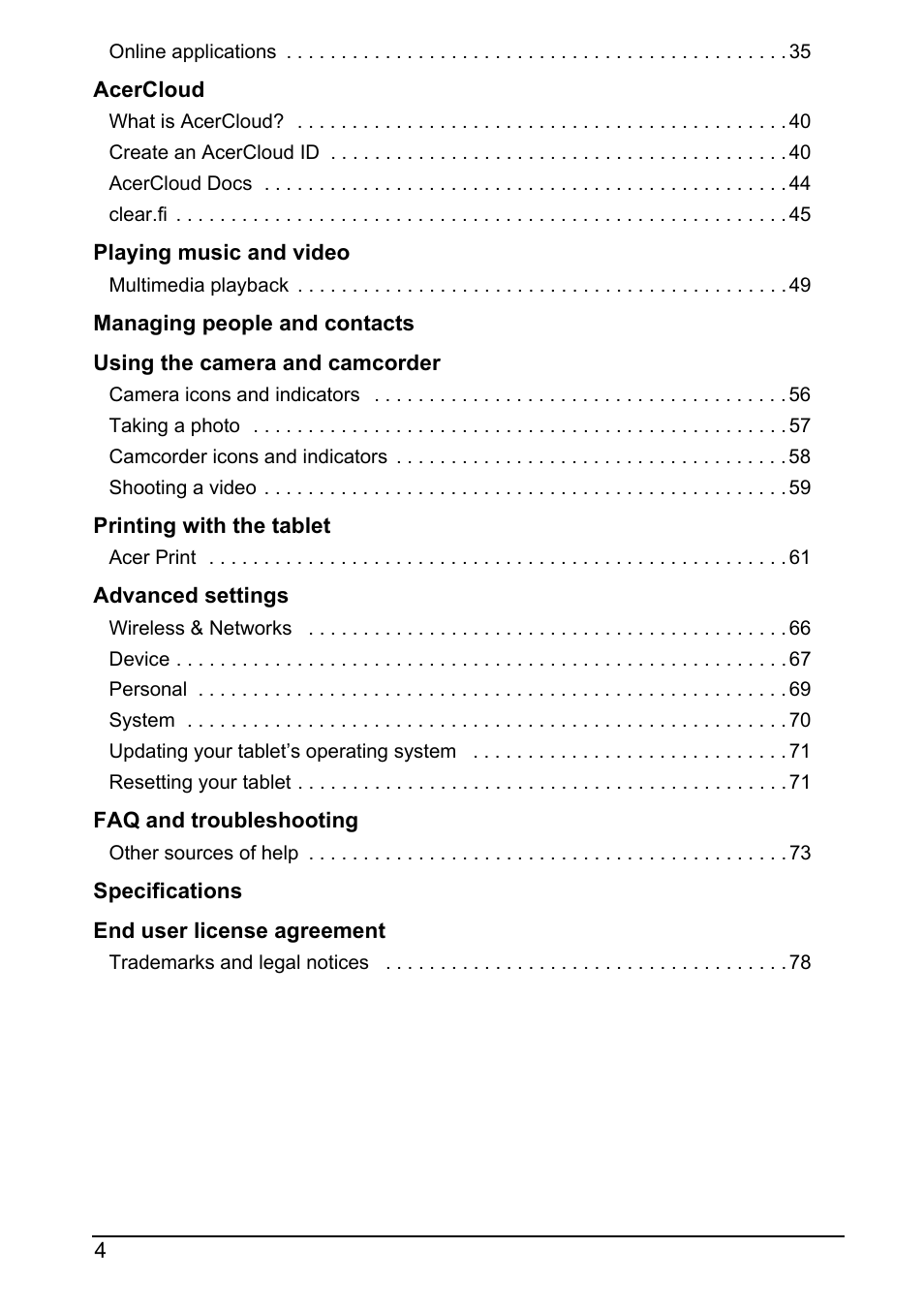 Acer A700 User Manual | Page 4 / 78
