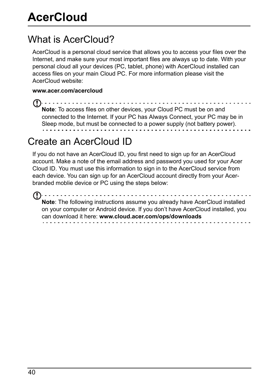 Acercloud, What is acercloud, Create an acercloud id | What is acercloud? create an acercloud id | Acer A700 User Manual | Page 40 / 78
