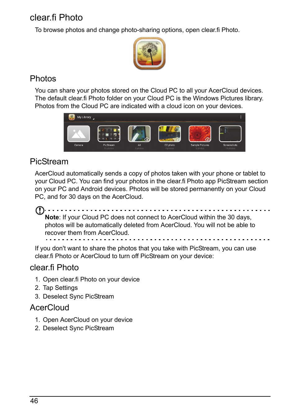 Clear.fi photo, Photos, Picstream | Acercloud | Acer A700 User Manual | Page 46 / 78
