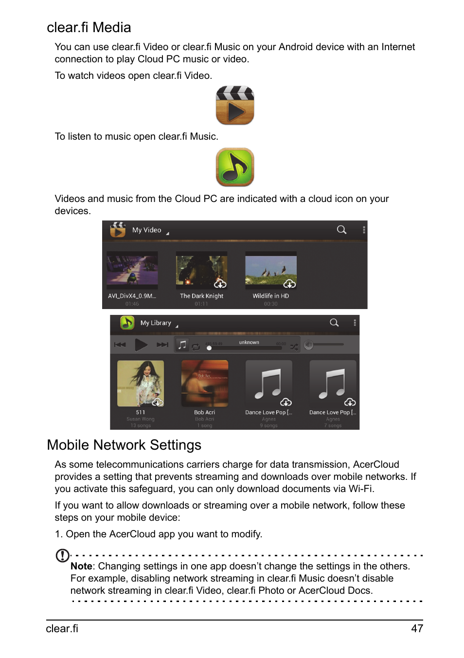 Clear.fi media, Mobile network settings | Acer A700 User Manual | Page 47 / 78