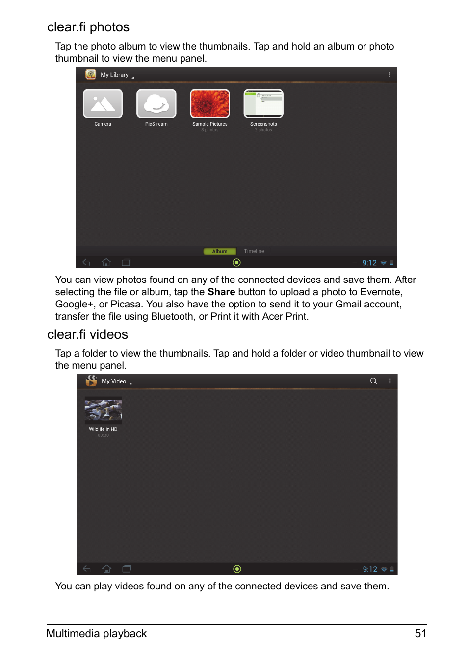 Clear.fi photos, Clear.fi videos | Acer A700 User Manual | Page 51 / 78