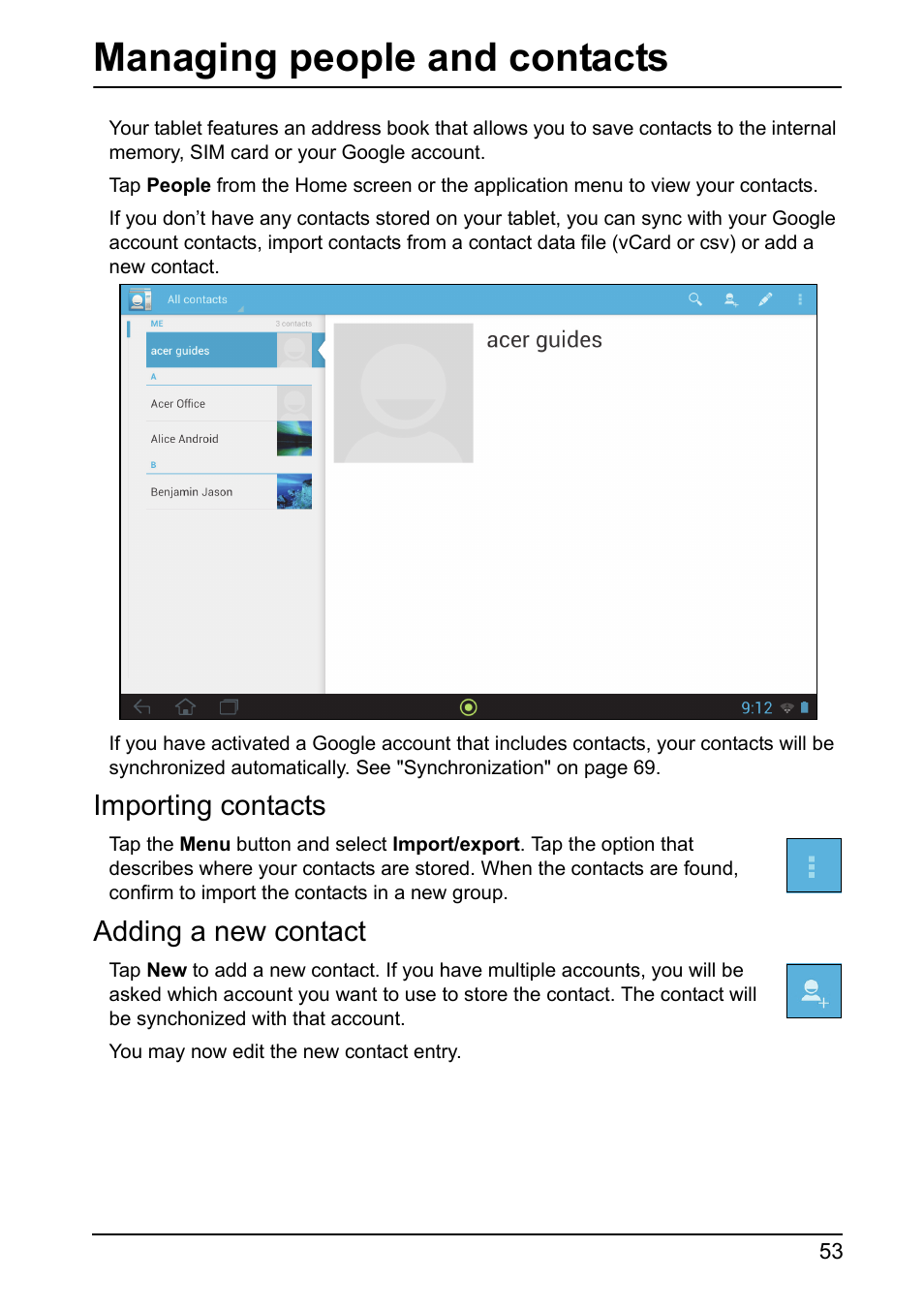 Managing people and contacts, Importing contacts, Adding a new contact | Acer A700 User Manual | Page 53 / 78