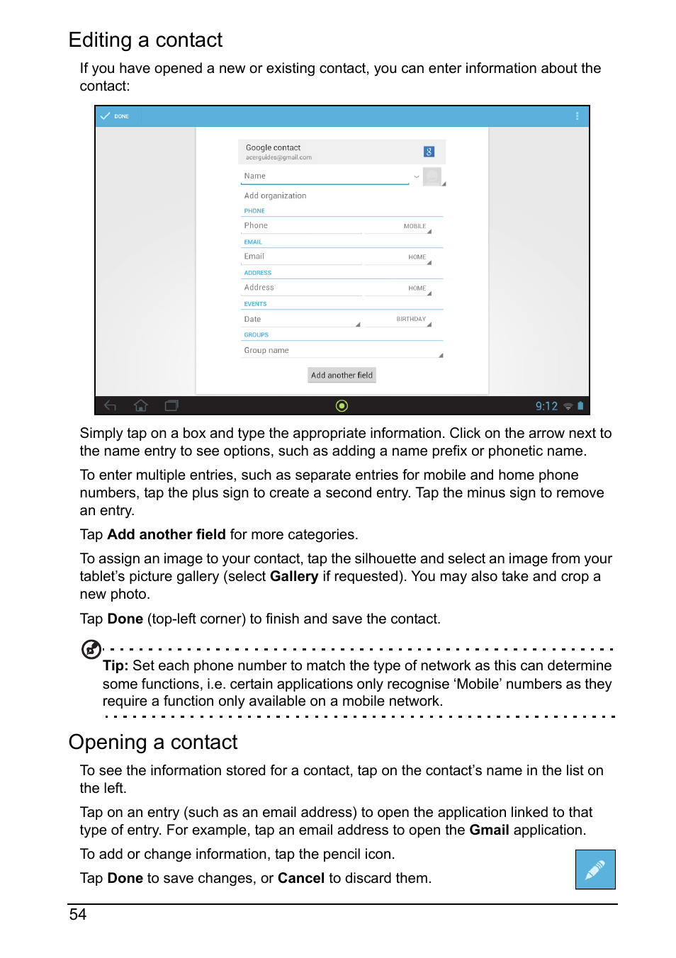 Editing a contact, Opening a contact | Acer A700 User Manual | Page 54 / 78