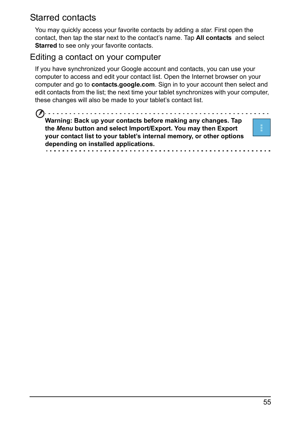 Starred contacts, Editing a contact on your computer | Acer A700 User Manual | Page 55 / 78