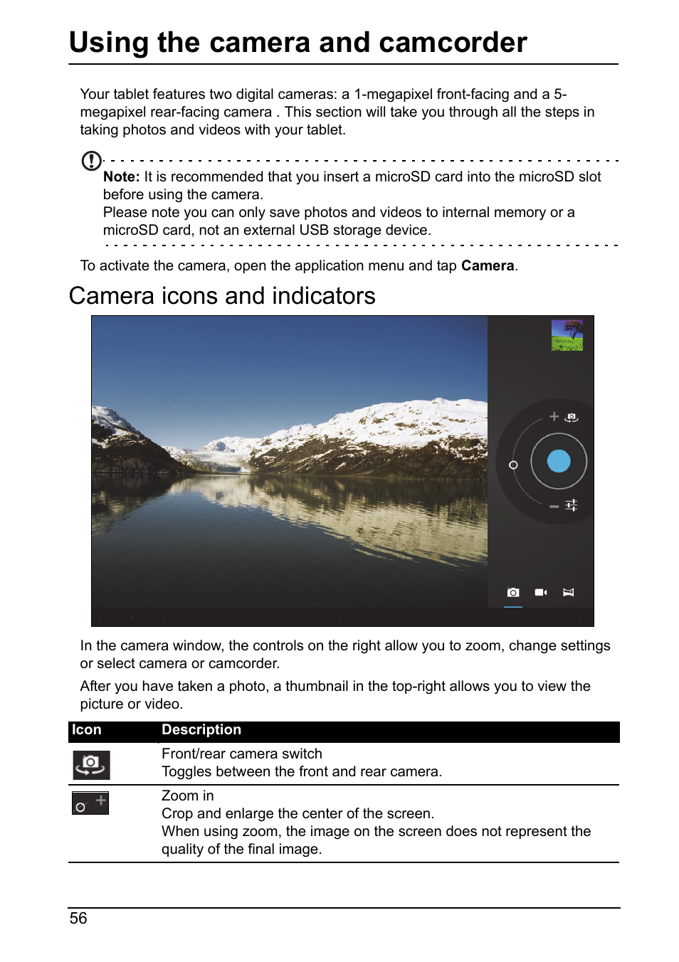 Using the camera and camcorder, Camera icons and indicators | Acer A700 User Manual | Page 56 / 78