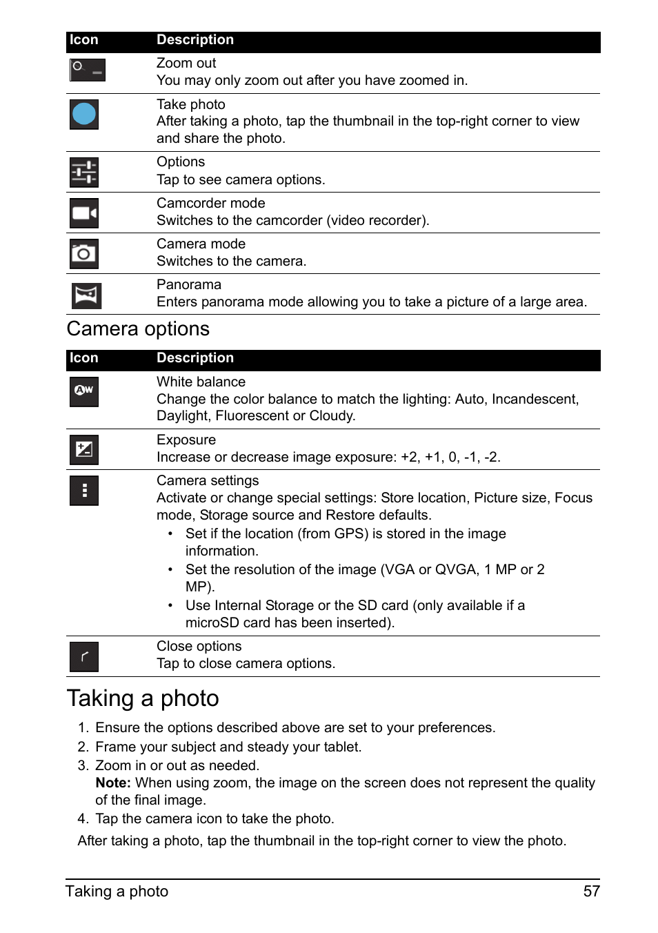Camera options, Taking a photo | Acer A700 User Manual | Page 57 / 78