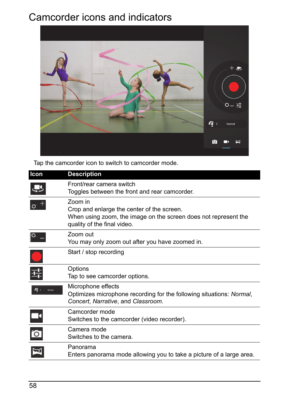 Camcorder icons and indicators | Acer A700 User Manual | Page 58 / 78