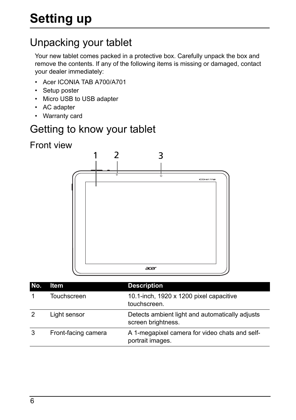 Setting up, Unpacking your tablet, Getting to know your tablet | Front view, Unpacking your tablet getting to know your tablet, Front 1 3 2 view | Acer A700 User Manual | Page 6 / 78