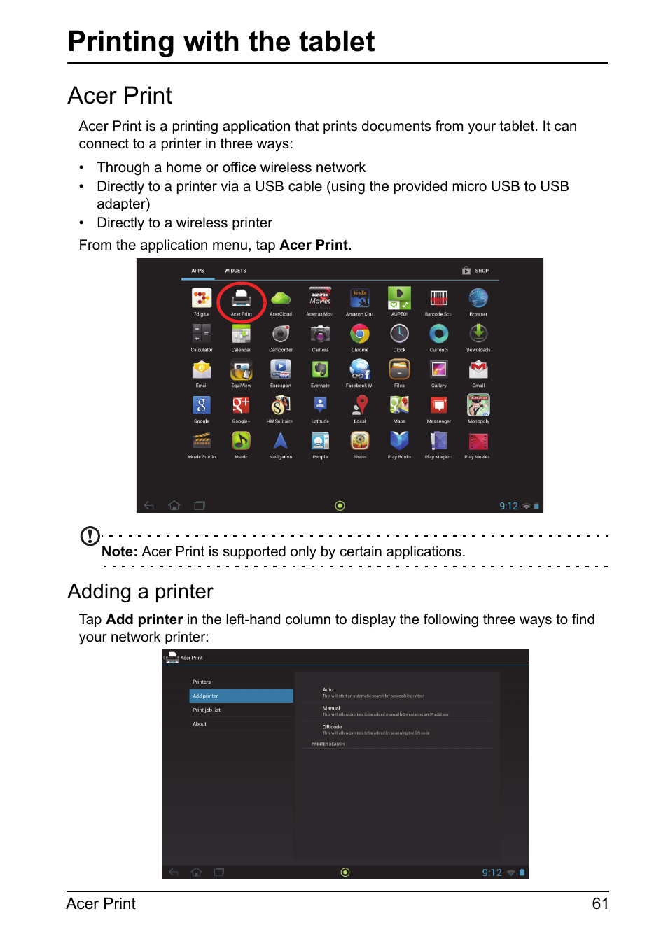 Printing with the tablet, Acer print, Adding a printer | Acer A700 User Manual | Page 61 / 78