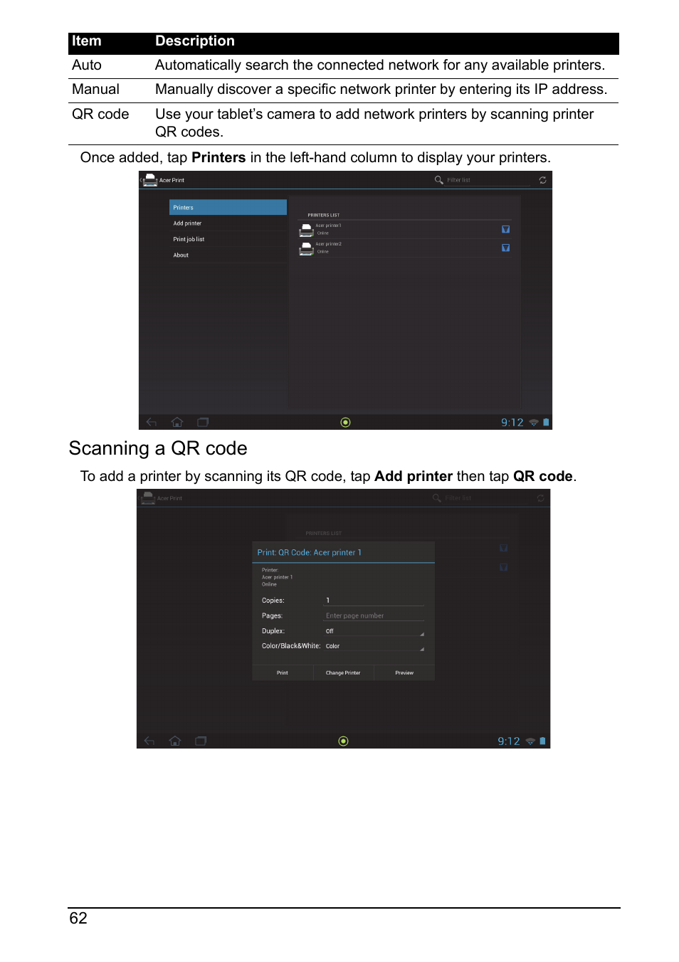 Scanning a qr code | Acer A700 User Manual | Page 62 / 78