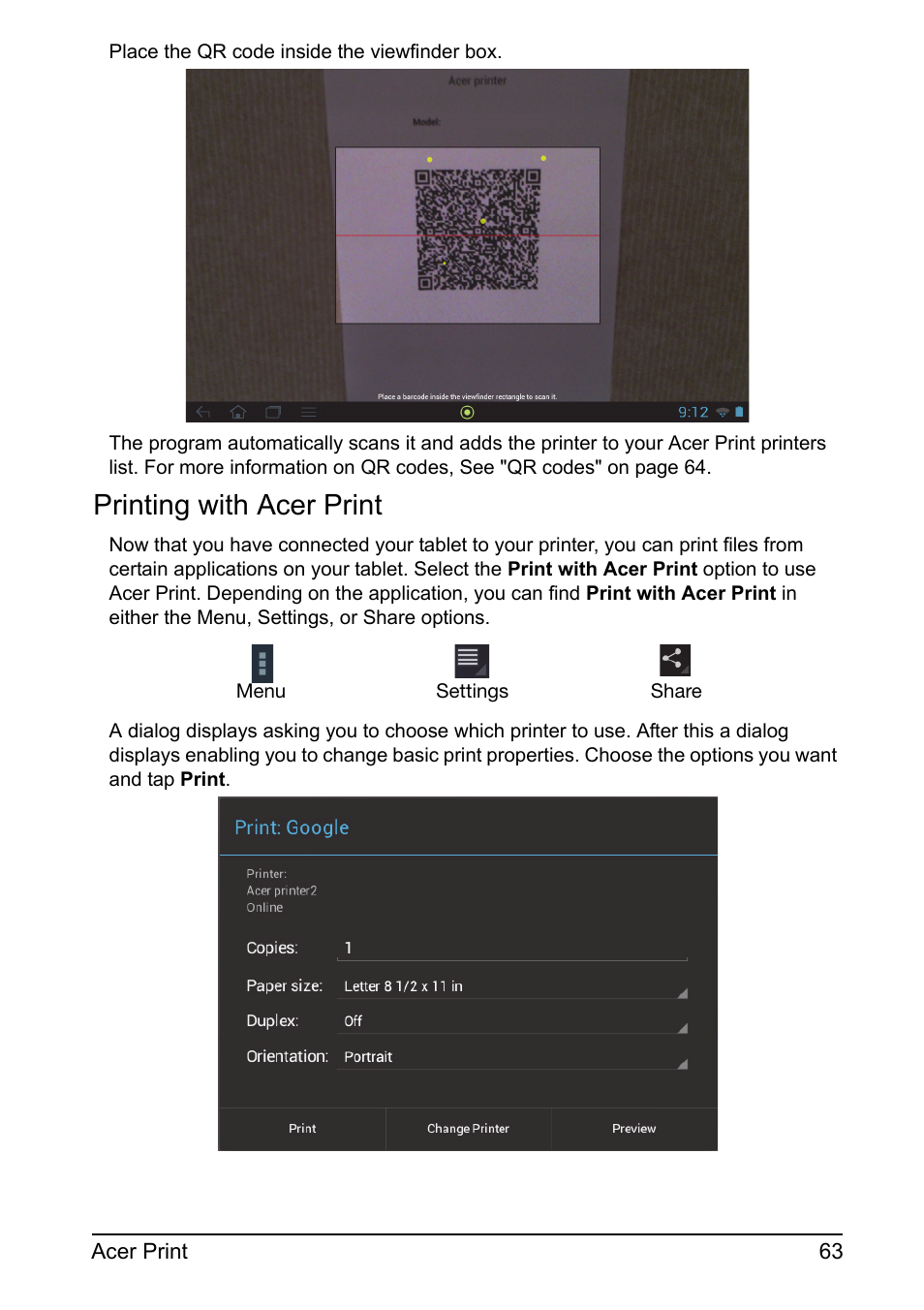 Printing with acer print | Acer A700 User Manual | Page 63 / 78