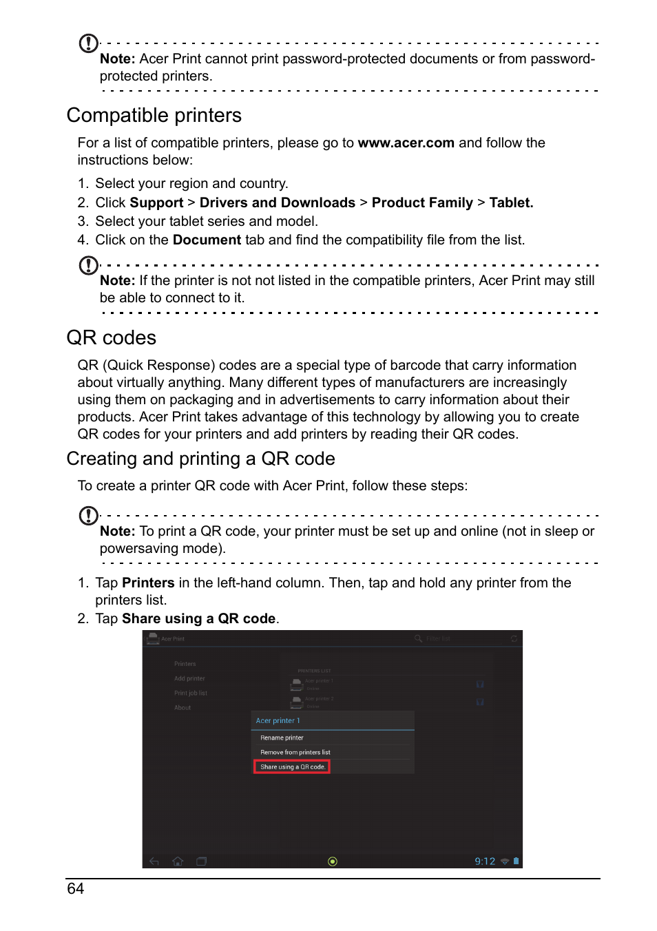 Compatible printers, Qr codes, Creating and printing a qr code | Acer A700 User Manual | Page 64 / 78