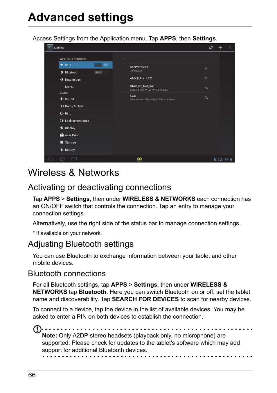 Advanced settings, Wireless & networks, Activating or deactivating connections | Adjusting bluetooth settings | Acer A700 User Manual | Page 66 / 78