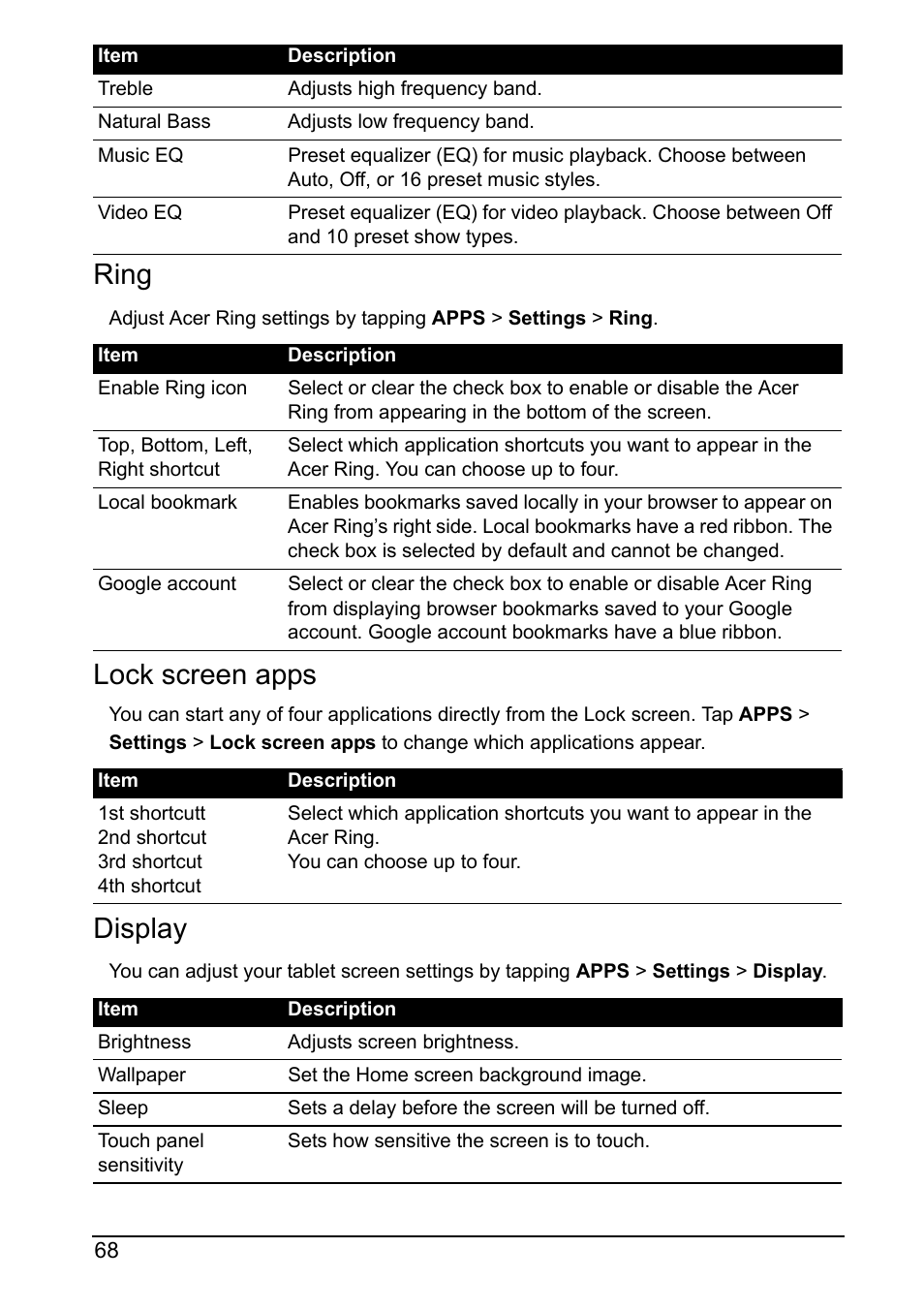 Ring, Lock screen apps, Display | Acer A700 User Manual | Page 68 / 78