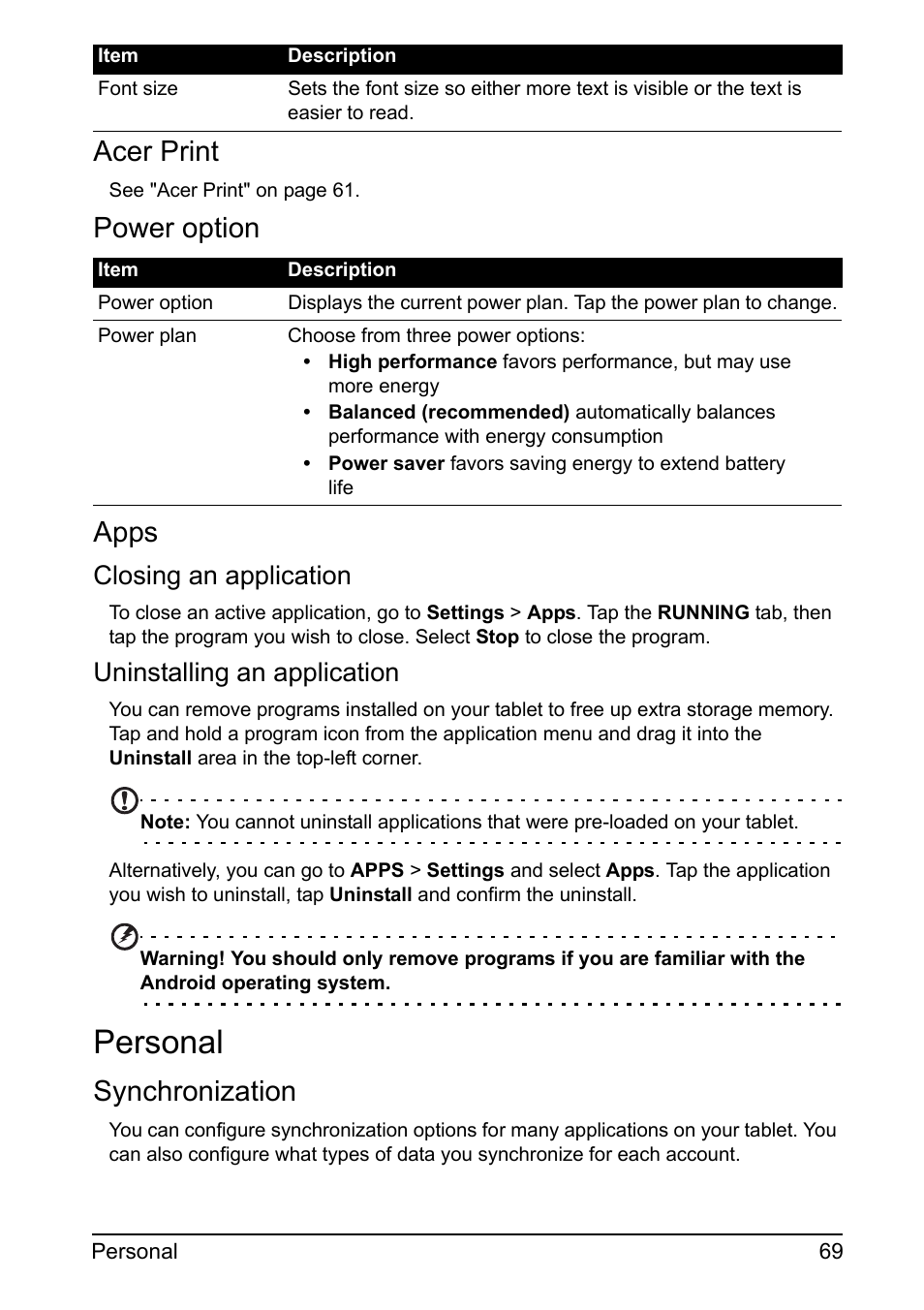 Acer print, Power option, Apps | Personal, Synchronization, Closing an application, Uninstalling an application | Acer A700 User Manual | Page 69 / 78