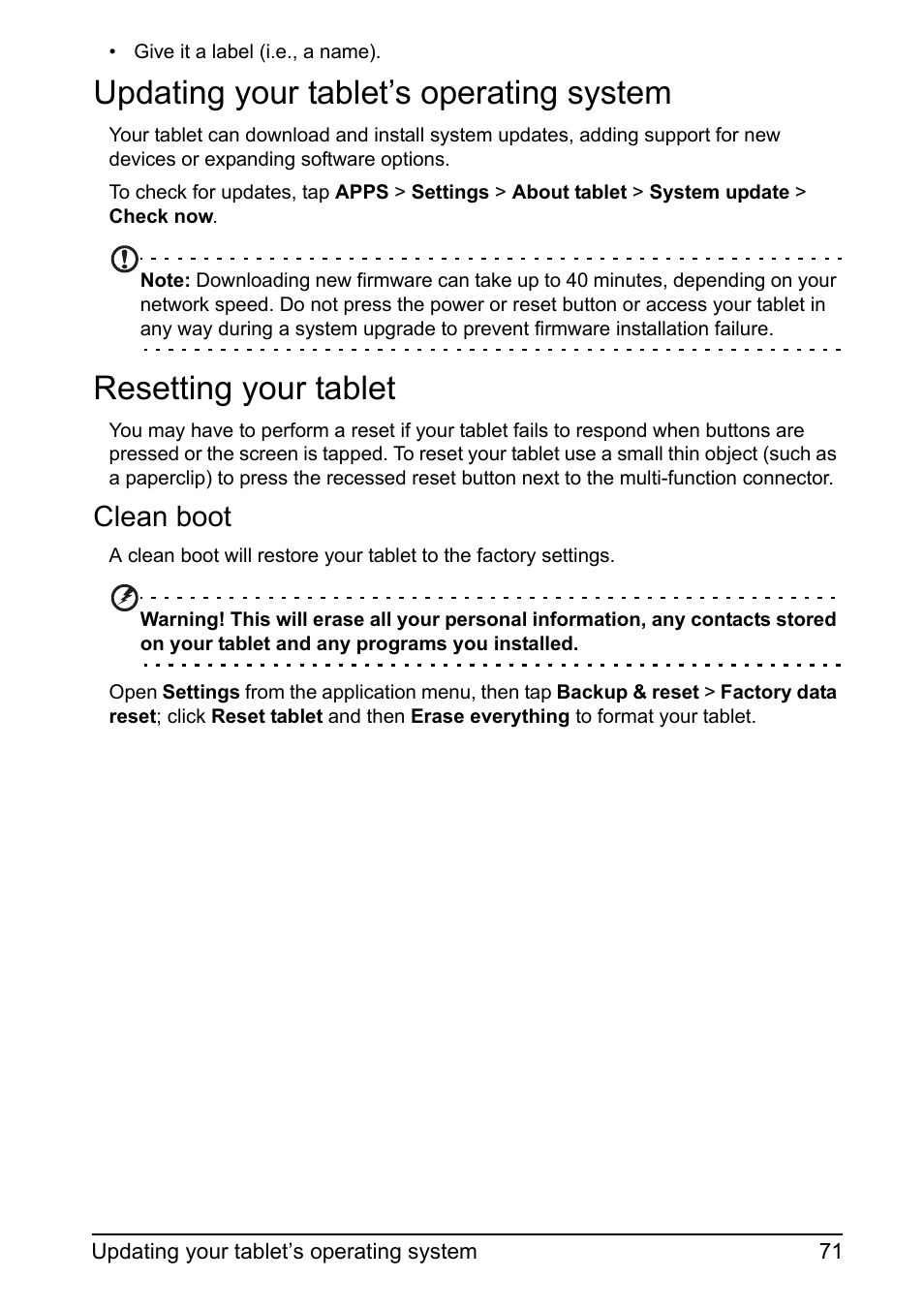 Updating your tablet’s operating system, Resetting your tablet, Clean boot | Acer A700 User Manual | Page 71 / 78