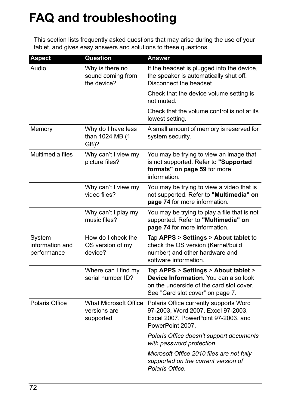 Faq and troubleshooting | Acer A700 User Manual | Page 72 / 78