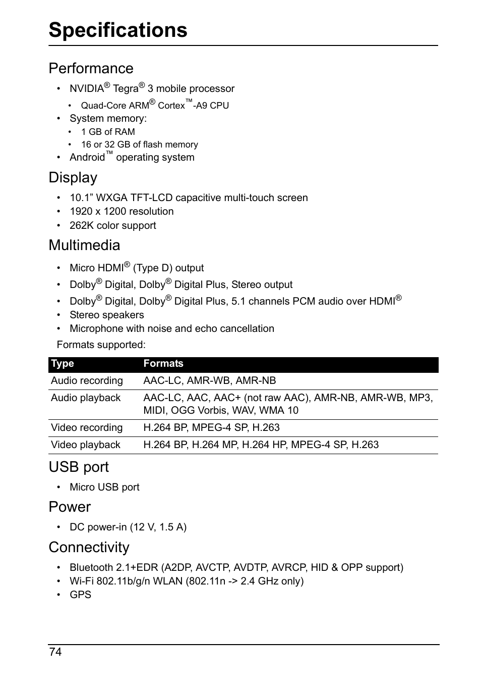 Specifications, Performance, Display | Multimedia, Usb port, Power, Connectivity | Acer A700 User Manual | Page 74 / 78